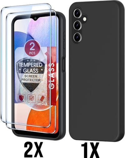 Casemania Hoesje Geschikt voor Samsung Galaxy A14 - Zwart + 2X Glazen Screenprotector - Siliconen Back Cover