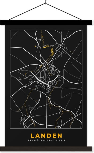 Posterhanger incl. Poster 40x60 cm - Schoolplaat - Landen - Plattegrond - Stadskaart - Goud - Kaart - Textielposter - Zwarte latten - Stadskaart