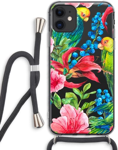 Case Company® - Hoesje met koord geschikt voor iPhone 11 hoesje met Koord - Papegaaien - Telefoonhoesje met Zwart Koord - Bescherming aan alle Kanten en Over de Schermrand