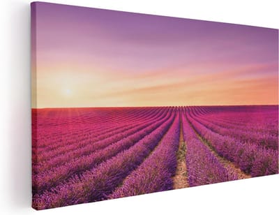 Artaza Canvas Schilderij Lavendelveld - 40x20 cm - Klein - Wanddecoratie Zonsondergang - Muurdecoratie Bloemen - Schilderijen Op Canvas Paars
