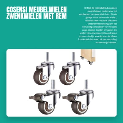 Dailygoods- Wielen Set van 4 - Zwenkwielen met Rem - 360° Draaiend - Rubber - Geschikt voor Meubels - Hoog draagvermogen