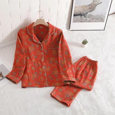 Damespyjama van katoen met bloemenprint voor lente en herfst Jacquard lange mouwen grote maat thuis dames nachtkleding set M brown