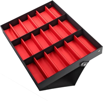 Bril Opbergdoos - Brillenstandaard Accessoirehouder - Sieraden Opbergen - 18 Roosters Ontwerp - 47x37x6 cm - Zwart Rood