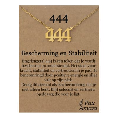 444 Engelen Getal Ketting op Cadeau Kaartje - Goudkleurig - Stainless Steel Spirituele Hanger - 45cm + 5cm verstelbaar - Pax Amare