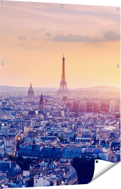 Gards Tuinposter Skyline van Parijs tijdens Zonsondergang - 90x120 cm - Tuindoek - Tuindecoratie - Wanddecoratie buiten - Tuinschilderij