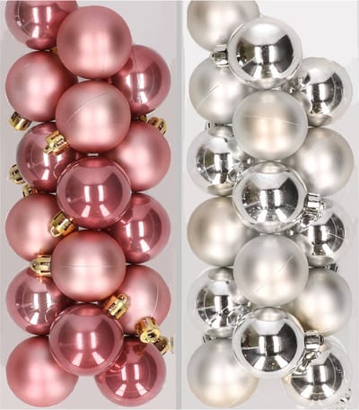 32x stuks kunststof kerstballen mix van oudroze en zilver 4 cm - Kerstversiering