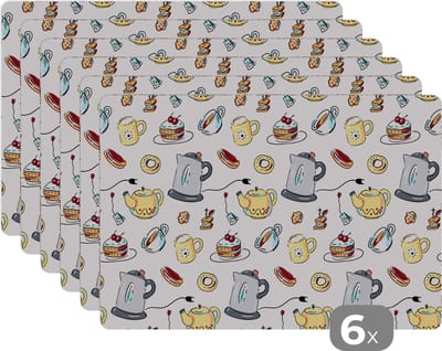 Placemat - Placemats kunststof - Patronen - Thee - Taart - High tea - 45x30 cm - 6 stuks - Hittebestendig - Anti-Slip - Onderlegger - Afneembaar