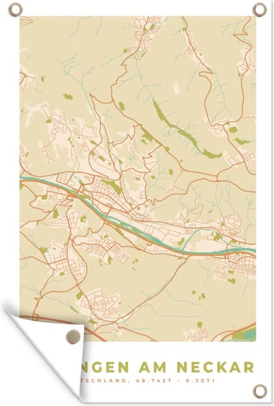 Muurdecoratie Esslingen am Neckar - Plattegrond - Kaart - Vintage - Stadskaart - 120x180 cm - Tuinposter - Tuindoek