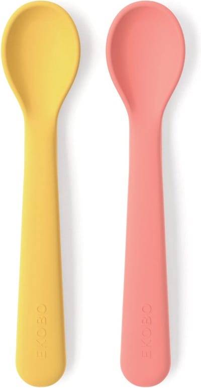 Ekobo - Babylepel siliconen set - geel roze - BPA vrij - Lange steel