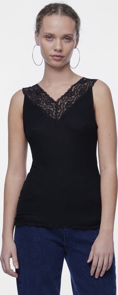 Dames hemd kant - Lace top Siri - Kanten onderhemd - Kanten schouderbandjes - Viscose - Zwart / XS