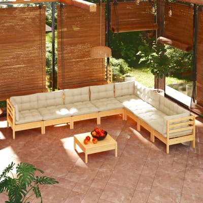 vidaXL - 9-delige - Loungeset - met - crèmekleurige - kussens - massief - grenenhout