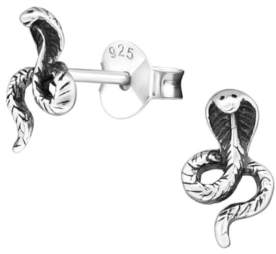 Joy|S - Zilveren slang oorbellen - Cobra - 6 x 9 mm - geoxideerd - oorknoppen