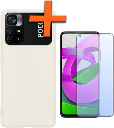 Hoes - Met Screenprotector - Geschikt voor Xiaomi Poco M4 Pro 5G - Sterk & Shockproof - Back Cover - Siliconen Case - Telefoon Hoes - Wit