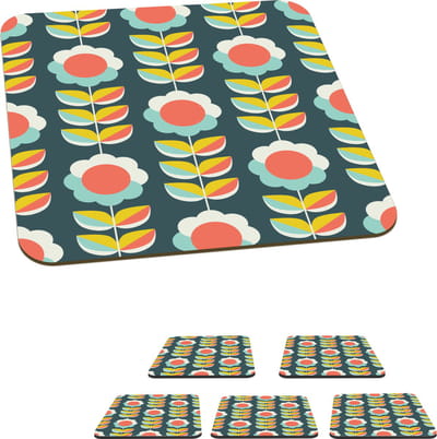 Onderzetters voor glazen - Retro - Bloemen - Scandinavisch - 10x10 cm - Glasonderzetters - 6 stuks