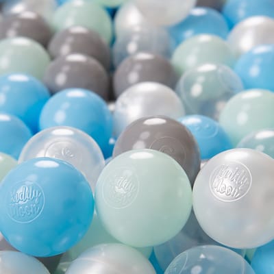 KiddyMoon Kinderballen Ø6 cm 100 Stuks - Speelballen voor Ballenbad - Baby Speelgoed - Perfecte Baby Ballenbak Ballen voor Kinderen - Perle Grau Transparent Baby blau Minze