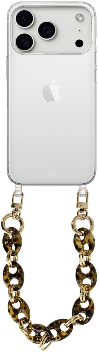 xoxo Wildhearts siliconen hoesje - Geschikt voor iPhone 17 Pro Max - Marble Brown - Kort Koord - Telefoonhoesje - Hoesje met koord - telefoonkoord - Transparant hoesje - Kort marmerprint bruin koord