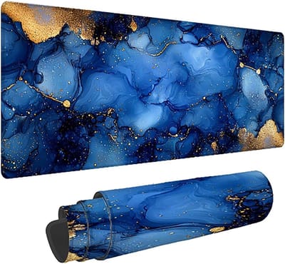 Bureauonderlegger - Gaming muismat - Kantoor en thuis - Anti-slip en genaaid - XXL 140x60cm - Blauw marmerpatroon