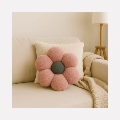 Soosie Sierkussen Bloem – Kussentje – Teddy Bouclé – Ø 40 cm – Zacht Roze & Grijs