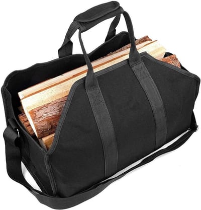 Brandhout tas - Draagbare opslag - Haardhout vervoeren - Dubbellaags canvas - 19x11x13 inch - Zwart