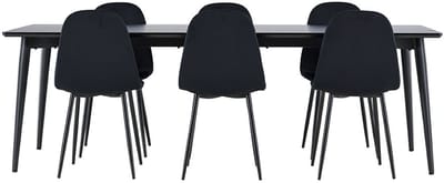 Ellis eethoek tafel 85x230cm en 6 velours stoelen zwart.