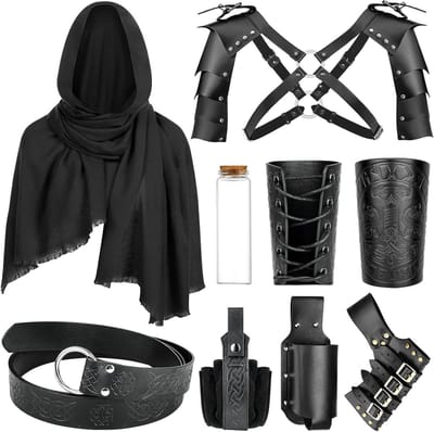 Middeleeuwse ridderkostuum voor mannen met leren riem, schouderpantser en accessoires voor Halloween en themafeesten