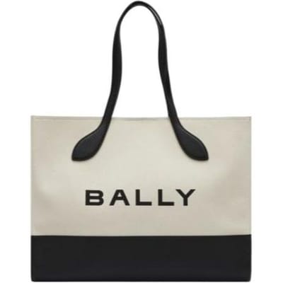 Bally Grote Logo Kleurblok Drukknop Sluiting Gelaagd Stof Tote Tas Dames tote Wit Zwart 6304580 Basic Set (Bag+Dust Bag) white
