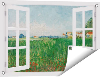 Gards Tuinposter Doorkijk Veld met Klaprozen - Vincent van Gogh - 60x40 cm - Tuindoek - Tuindecoratie - Wanddecoratie buiten - Tuinschilderij