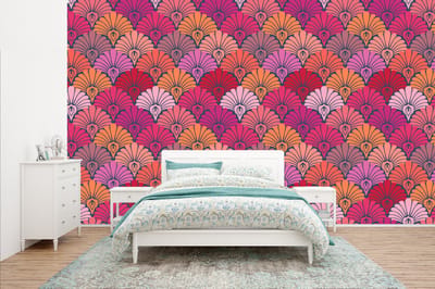 Behang - Fotobehang Patronen - Art Deco - Roze - Bloemen - Breedte 400 cm x hoogte 240 cm