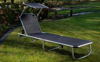 Zonneligstoel met dak inklapbaar 190x60x88 cm – Premium Comfort SunShade 7-standen verstelbare aluminium ligstoel met zonnedak, hoofdkussen, lichtgewicht 5 kg, 150 kg draagkracht – tuin, strand, balkon, terras, zwembad – Nicolehome