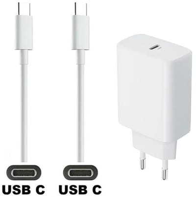 OneOne 30W super snellader met USB C poort en screenprotector van glas voor iPhone 16 Pro Max. Oplader met sterke 0,5m USB C naar C kabel. Krachtige witte universele PD PPS lader adapter. Screenprotector past op Apple iPhone 16 Pro Max