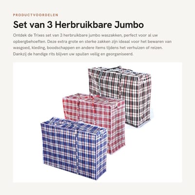 Dailygoods- Waszakken Jumbo - 3 Stuks - Sterk en Duurzaam - Opbergtas voor Kleding - Met Rits - Ideaal voor Verhuizen - Afmetingen 79x20x58,5 cm - Opbergzakken