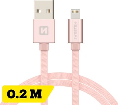 Swissten Korte Lightning Oplaadkabel 20 cm – voor iPhone & iPad – Gevlochten Nylon USB-A Kabel – Roze