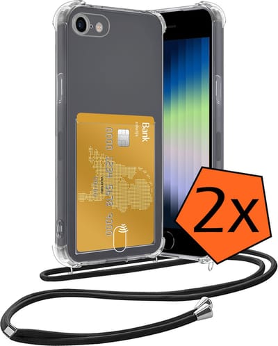 Hoesje Geschikt voor iPhone 7 Hoesje Met Telefoonketting Pasjeshouder Shockproof Case Koord - Hoesje Geschikt voor iPhone 7 Hoes Met Kaarthouder - Transparant - 2 PACK
