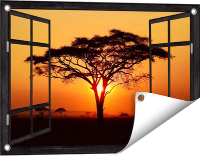 Gards Tuinposter Doorkijk Zonsondergang Achter een Savanne Boom - 60x40 cm - Tuindoek - Tuindecoratie - Wanddecoratie buiten - Tuinschilderij