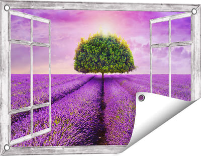 Gards Tuinposter Doorkijk Groene Boom in de Lavendel Bloemen - 60x40 cm - Tuindoek - Tuindecoratie - Wanddecoratie buiten - Tuinschilderij