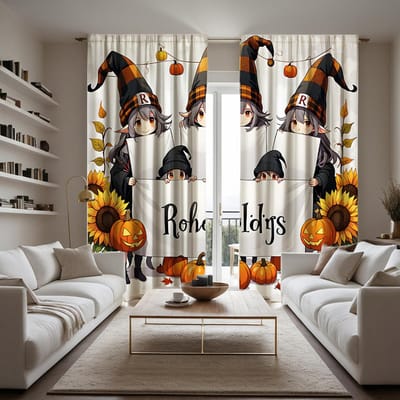 2 pièces HD Noël Village Nain citrouille rideau décoratif Jaune cravate rideau imprimé numérique Décoration de la maison style Décoratio W52H63inchW132H160cm black