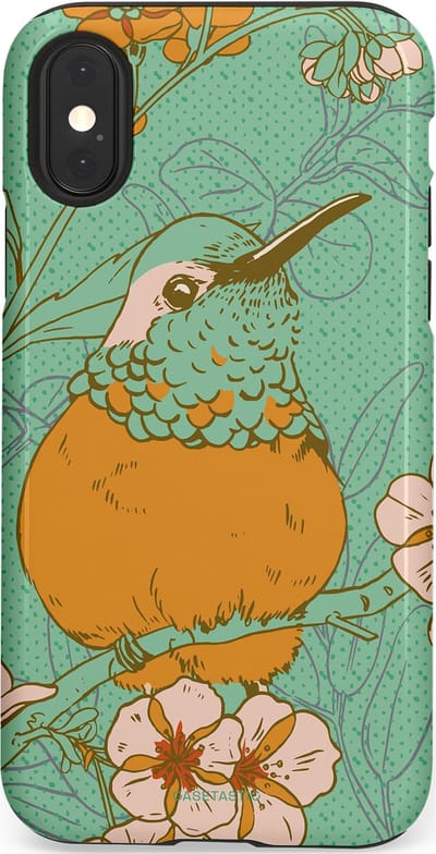 Casetastic hoesje geschikt voor Apple iPhone X / Apple iPhone XS - Dubbellaagse bescherming - Bloesem Kolibrie - Fashion Case - Mintgroen Okergeel Zand