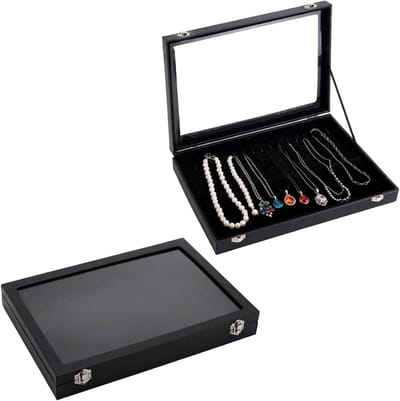 Set van 2 stuks: Velvet kettingdisplay met 20 haken en afsluitbaar glazen deksel, sieradenopbergdoos voor kettingen, armbanden en oorbellen (Zwart)