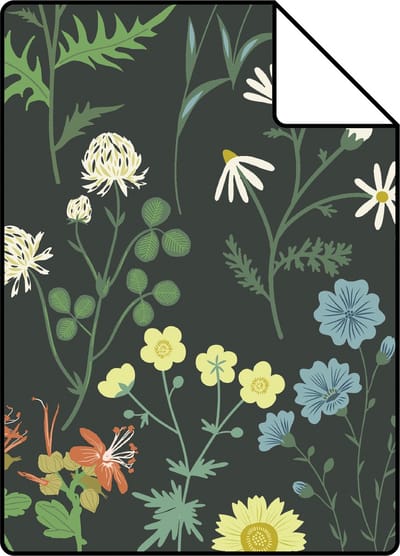 Proefstaal ESTAhome behang veldbloemen multicolor op zwart - 26.5 x 21 cm - 139392-S