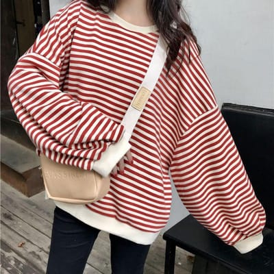 T-shirt Coréen Rayé à Manches Longues et Col Rond pour Femmes Au Printemps et en Automne Fin Nouveau Style avec Style Décontracté Top Ample Polyvalent 2XL rouge