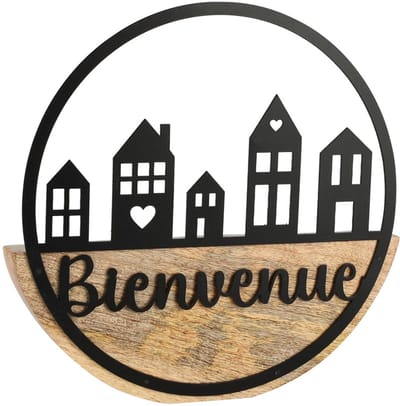 Dekoratief | Deco 'Bienvenue' in cirkel, zwart/naturel, metaal/hout, 24x3x23cm | A258422