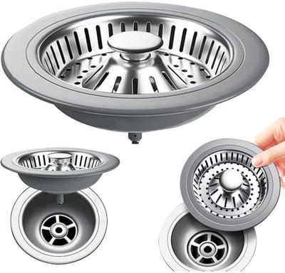 Afvoerstop - Gootsteenfilter - Gootsteenstop - Roestvrij staal - Gemakkelijk schoon te maken - Gemakkelijk te verwijderen - Voorkomt verstopping - Geschikt voor afvoeropeningen van 78-85 mm - Zilver - 1 stuk