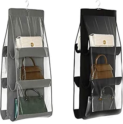 Famanu - Set van 2 hangorganizers voor handtas, 6 vakken, stofdicht, voor kast, kast, ruimtebesparend opbergsysteem, wasbaar (zwart + grijs)