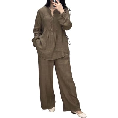 2 stuks/set dames top broek pak ronde hals half enkelrijs lange mouwen losse blouse wijde pijpen pure kleur broek casual pan M donkerbruine kleur