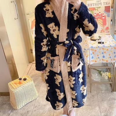 Revers Badjas Bedrukking Nachthemd Slaapjurk Lange Mouwen Huiskleding Koraal Flanel Badjas Ochtendjas Cardigan Kimono 2XL black