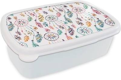Broodtrommel Wit - Lunchbox - Brooddoos - Patroon - Dromenvanger - Veren - Pluimen - 18x12x6 cm - Volwassenen