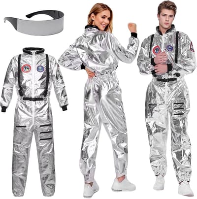 Astronauten kostuum voor kinderen en volwassenen, zilveren jumpsuit met brillen voor carnaval, Halloween en cosplay evenementen