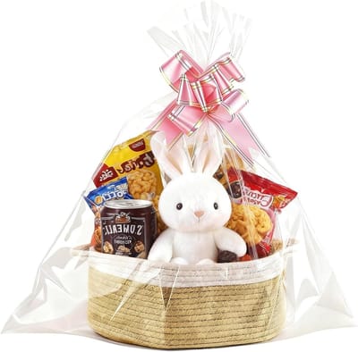 Cadeaubaskets van Katoen met Handvat, Lege Geweven Mandjes voor Bruiloft, Kerst en Verjaardag met Doorzichtige Zak en Strik
