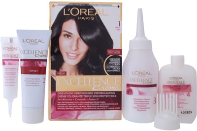 L’Oréal Paris Excellence Crème Zwart 1 - Permanente haarkleuring met tot 100% grijsdekking - Bevat een beschermende crèmekleuring, een zachte pH shampoo en een voedend haarmasker - Haarverf