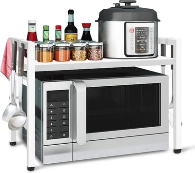 Uittrekbaar opbergrek keuken - Multifunctioneel opbergkast van metaal met 6 haken - Belasting 25 kg - Wit - 36-60 x 36 x 44 cm Opbergrek